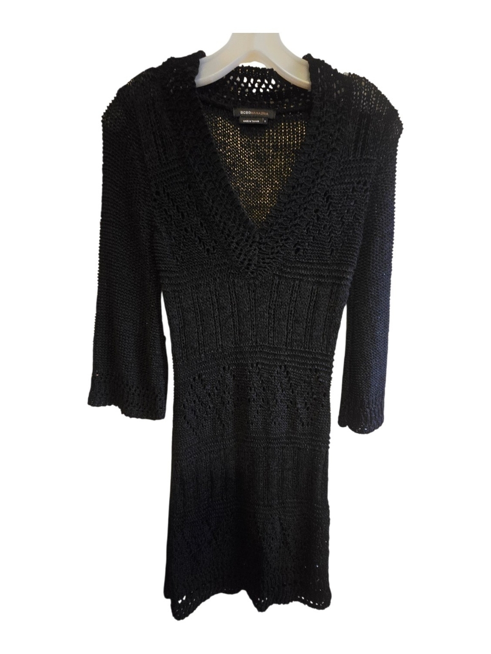 BCBGMAXAZRIA Black Open-Knit Crochet V-Neck Mini Dress